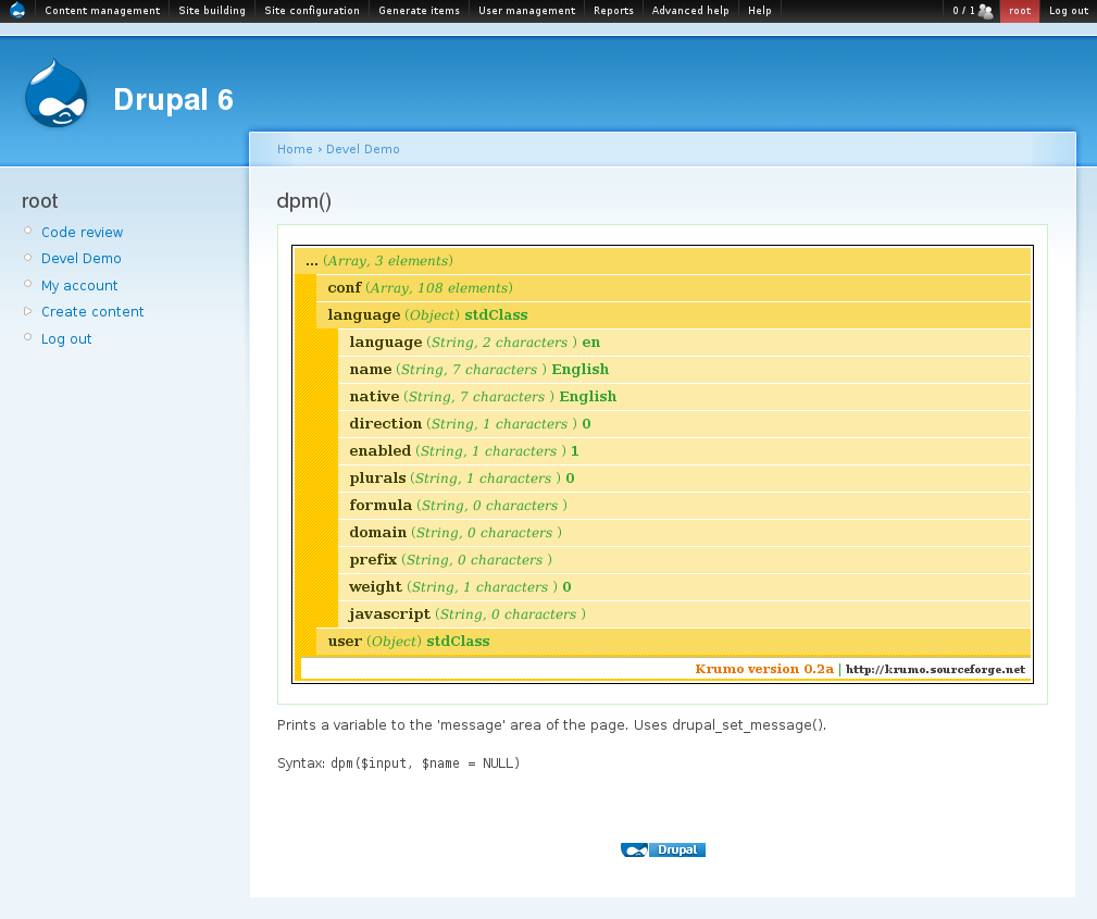 Devel dpm() 函数使用示例