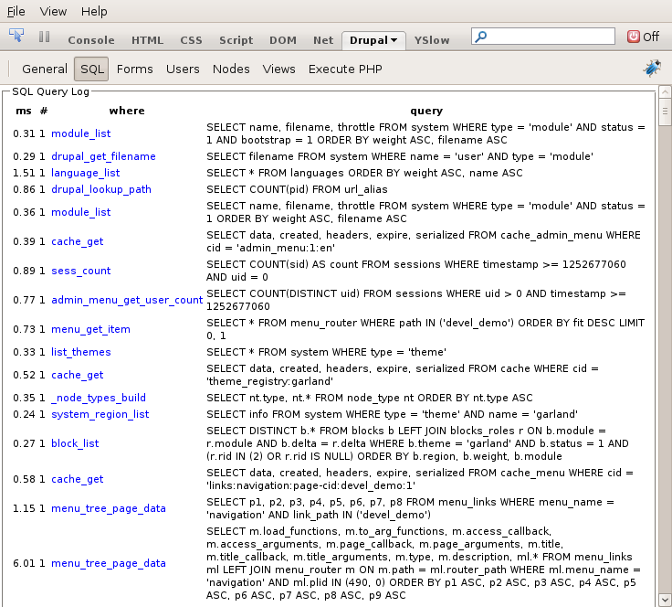 Drupal for Firebug SQL面板